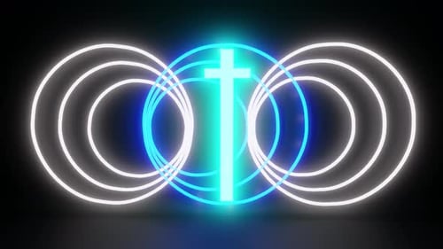 Neon Cross Framed By Blue and White Neon Circles 3d Animation Loop