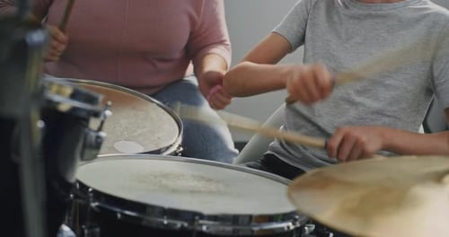 Talented Child Playing Drums During Percussion Class in Elementary School Developing Sense of Rhythm