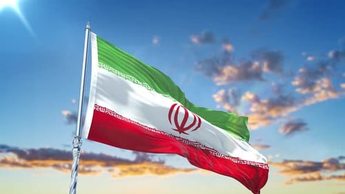 Realistic 3D Rendered Iran Flag Waving in Blue Sky