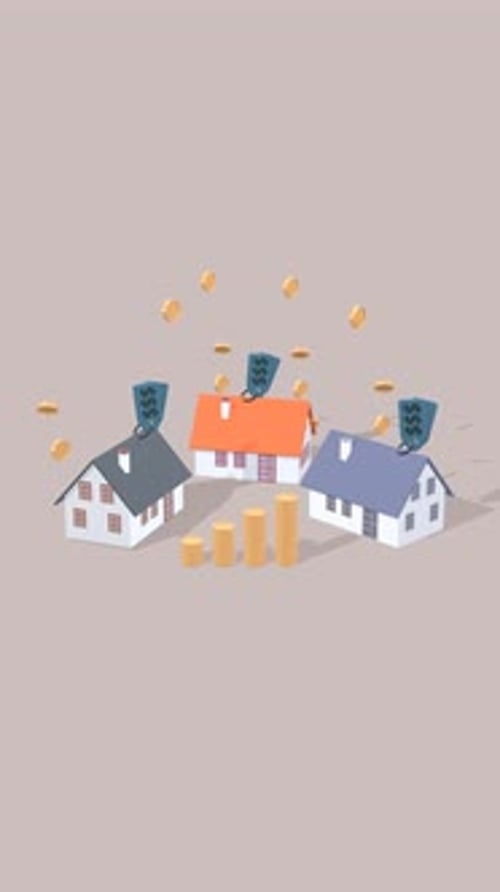Vertical Animation Of Houses With Gold Coins Representing Real Estate, House Mortgage and Finance.