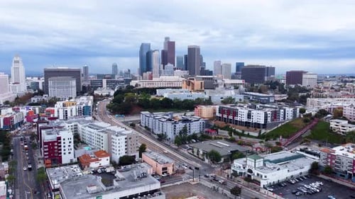 Drone shot rising up while looking at downtown Los Angeles.
