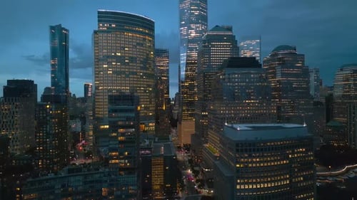 New York City Skyline at Dusk Night Aerial View Skyscrapers NYC Near Dramatic Night Clouds New York