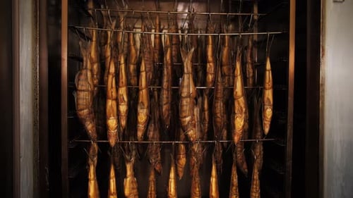 Smoked Sturgeon in the Smokehouse Fish Production Plant