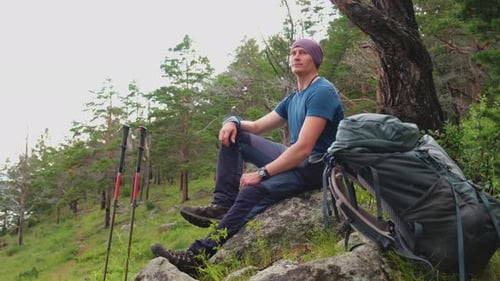 Hiking Climbing Cliff Adventure Backpacker Hiker Man Looking at Beautiful View Hiker Tourist with