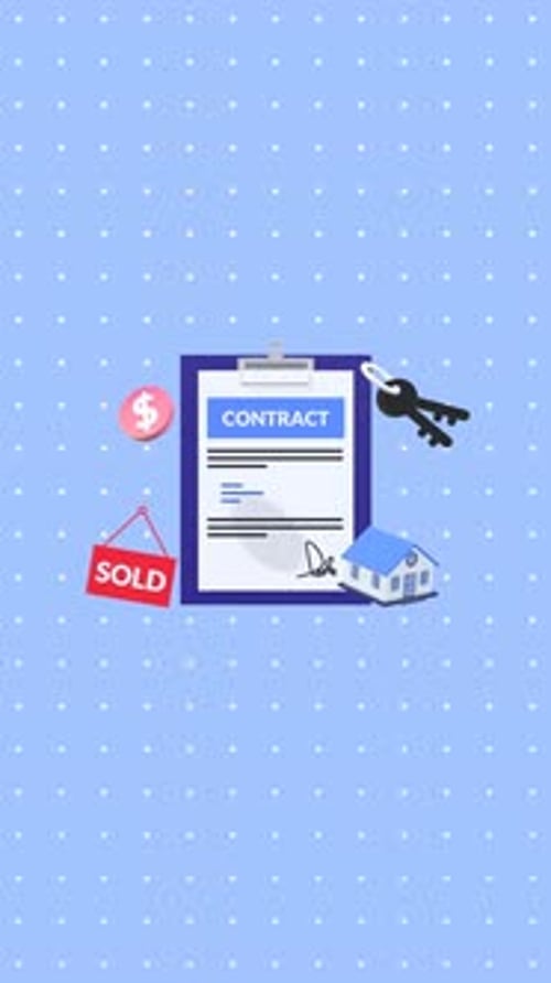 Vertical Animation Illustrating a Real Estate Contract and Mortgage Agreement for Property Purchase.
