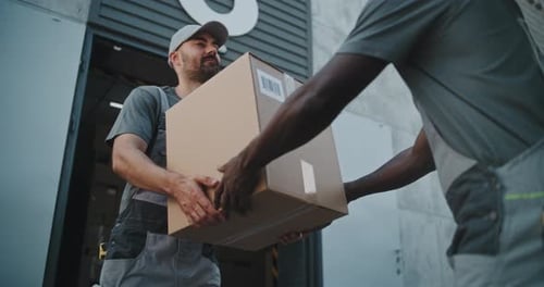 Worker Giving Cardboard Box to African American Colleague for Delivery Looking at Camera