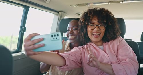 Selfie, social media and friends in car for road trip, travel or journey together on summer