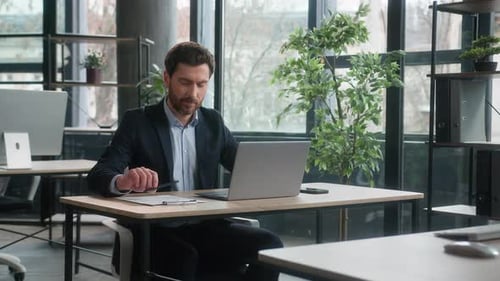 Focused Caucasian Businessman Man Sales Agent Male Manager Corporate Employee Working in Office