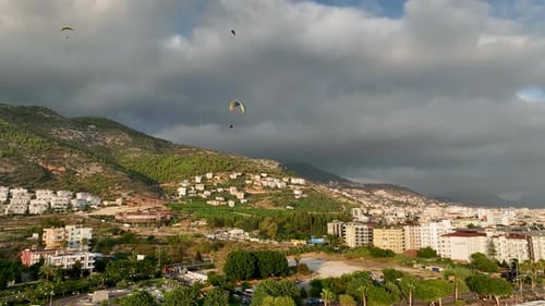 Paragliding Adventure Sport with Parachute Aerial View 4 K Turkey Alanya