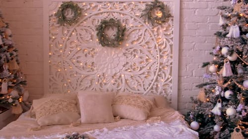 Christmas Bedroom with Decorated Trees and Gifts