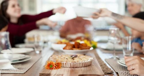 Home food, lunch pie and family eating meal, dessert or brunch buffet for Thanksgiving holiday