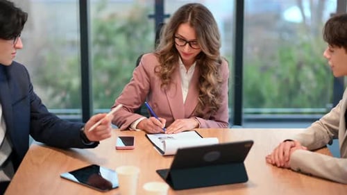 Business meeting in an office, female team leader and two young men discussing business affairs usin