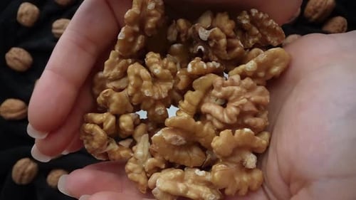 Hands Pours Walnuts into Bowl, Close Up