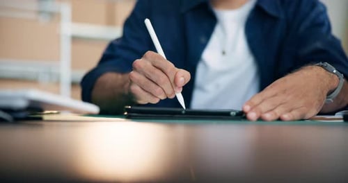 Supply chain, distribution and hands of man on tablet in warehouse for delivery