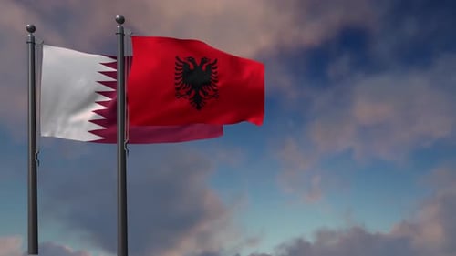 Waving Flags of Qatar and Albania in Realistic Motion