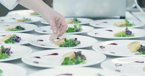 Chef Plating Appetizers in Professional Kitchen