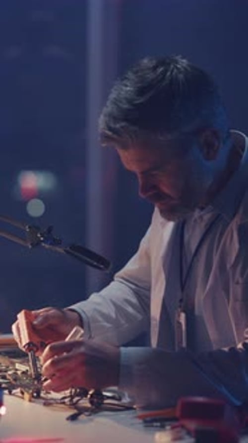 Man Engineering Electronics in a Futuristic Lab