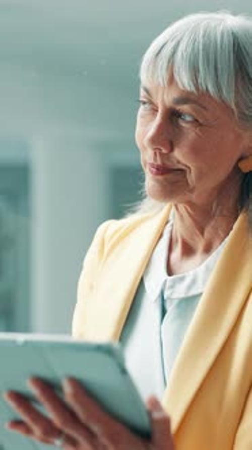Media agency, thinking or woman in workplace, tablet for online news report