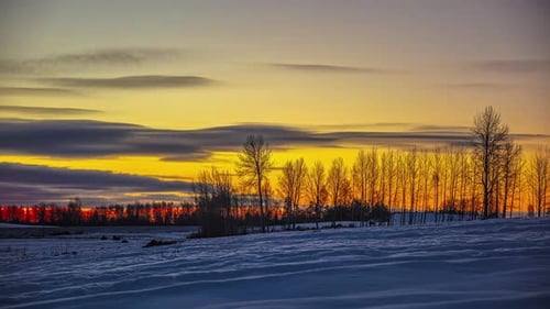 Atemberaubende Zeitrafferaufnahme einer tiefstehenden Wintersonne, die in herrlich roter Farbe auf einem verschneiten Feld aufgeht w
