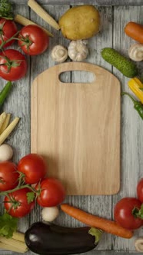 Vertical of Parsley Leaves Falling Down on a Wooden Cutting Board with Vegetables Around