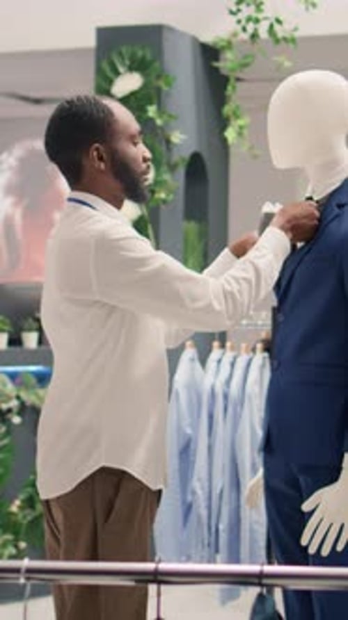 Man Adjusting Tie on Mannequin in Clothing Store