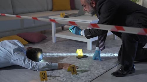 CSI Investigator Examines Crime Scene in Cordoned Living Room