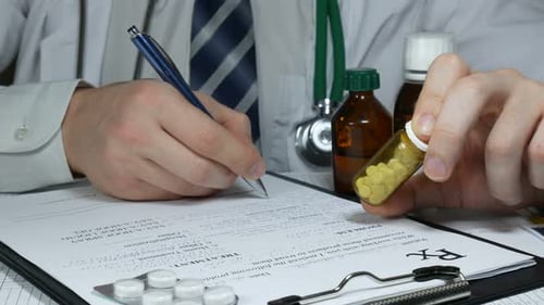 Young Doctor Writes Out A Prescription For Tablets At The Office To The Patient