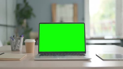 Chroma Key Laptop on Desk, Green Screen