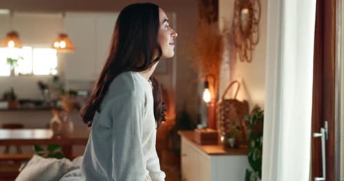 Thinking, window and woman in house, smile and happiness with thoughts, solution