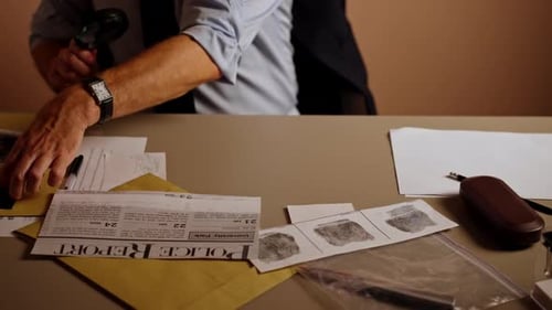 Closeup of Detective's Office Middleaged Investigator in Shirt and Tie Sitting at Desk Examining