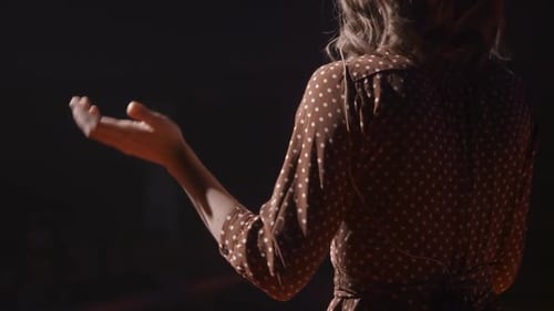 Woman Speaker at Business Conference Stage Talks to People Sitting in Auditorium