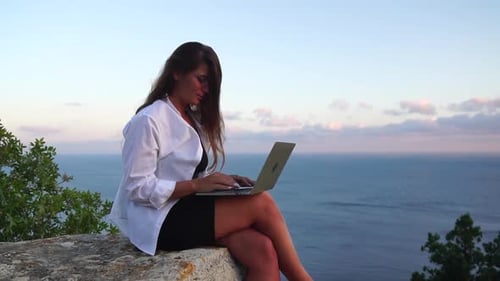 Woman Laptop Sea Working Remotely on Seashore Happy Successful Woman Female Freelancer Working on