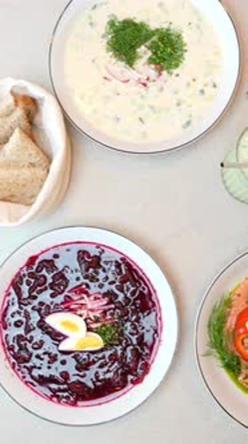 Overhead Food Display with Salads and Soups