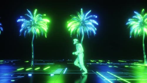 Futuristic Astronaut Running on Neon Grid with Glowing Palm Trees