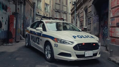A Police Car is Parked in a Bustling Urban Alley Within the City Ready for Action
