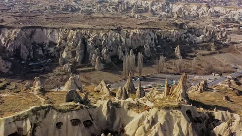 Aerial view of Cappadocia's fairy chimneys, Turkiye.