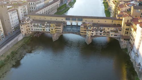 Birds Eye View of Ponte Vecchio, Famous Bridge over Arno River in Florence, IT