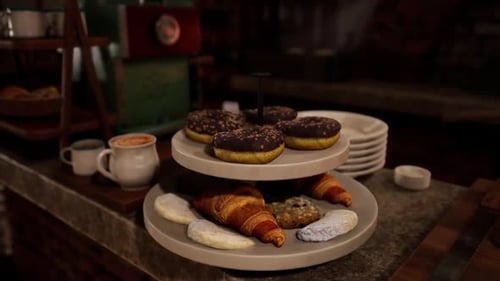 Fresh Baked Goods on a Display Stand at a Cozy Cafe in the Morning
