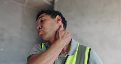Neck pain, fatigue and engineering with man as construction worker for tired