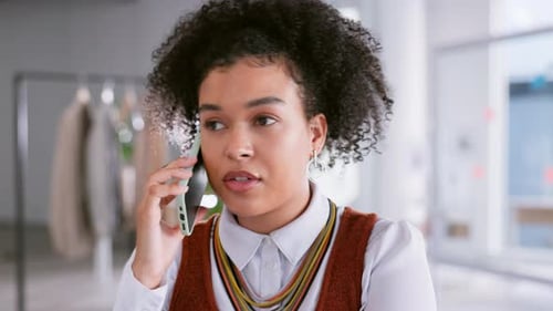 Phone call, discussion and business woman talking in office for networking