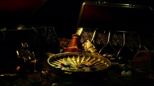 Mysterious Opened Old Wooden Treasure Chest with Light