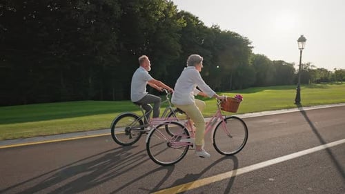 Senior Couple Rides Bicycles in Park on Sunny Day