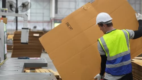 workers working at warehouse packing machine cardboard setting.