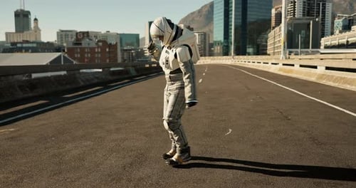 Person, travel and astronaut in city with dancing, future dystopia and planet for discovery