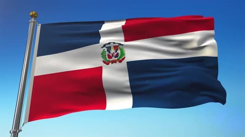 Dominican Republic National Flag Waving in Blue Sky