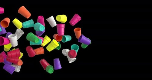 Colorful 3D Plastic Cups Floating Transition Over Black Background
