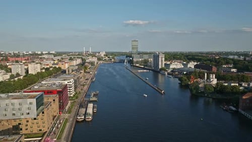 Aerial view of residential buildings on the bank of spree river , Berlin