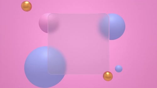 Carré en verre dépoli arrondi au centre et sphères flottantes sur fond rose.