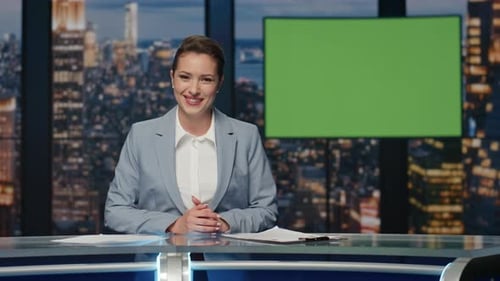 Happy Woman Present News at Evening Tv Studio Closeup Lady Ending Broadcast