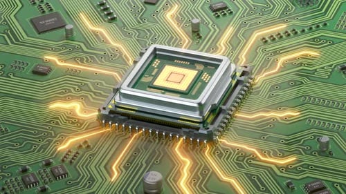 CPU Computer Processor on Circuit Board Data Processing and AI Artificial Intelligence 3d Animation